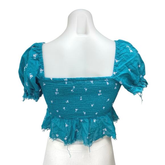Aeropostale Blue Floral Short Puff Sleeve Frayed Front Tie Slim Crop Top Size XS - Picture 3 of 5